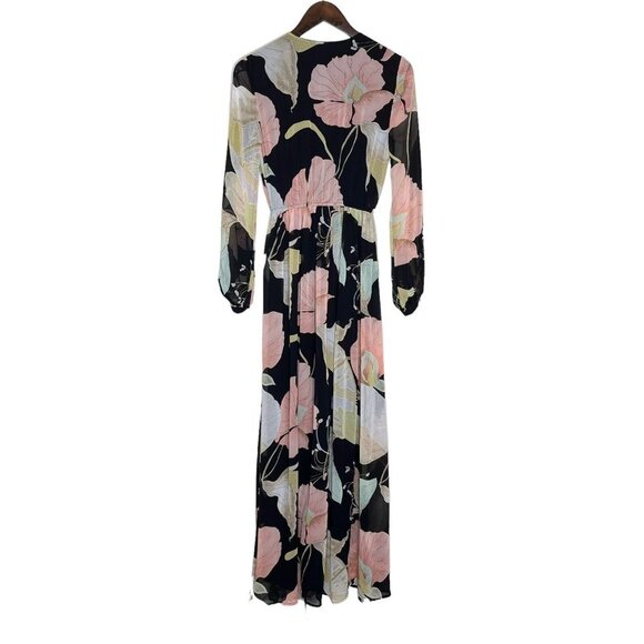 Lulus Wondrous Water Lilies Black Floral Print V-Neck‎ Slit Maxi Dress Sz Small - Picture 3 of 14